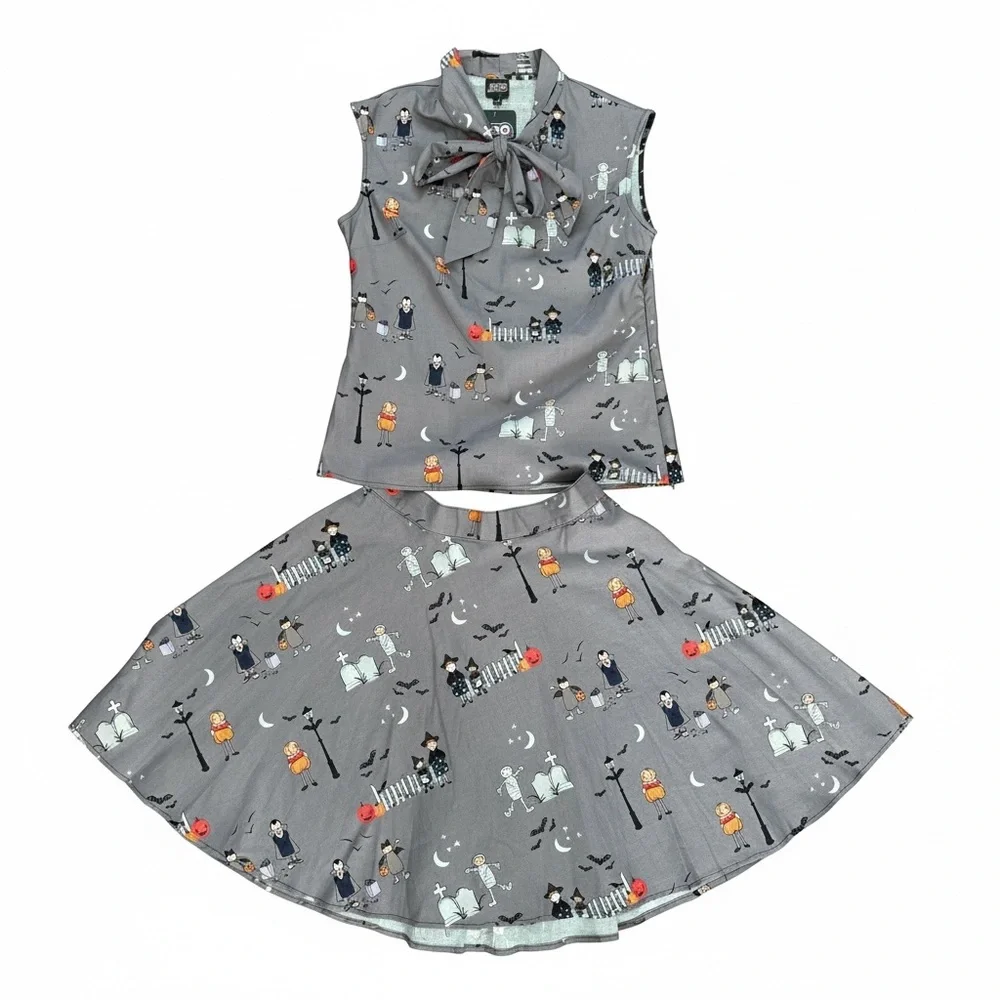 Retrolicious Gray 2 piece Halloween Dress with Vintage Trick-or-Treat Print. NWT